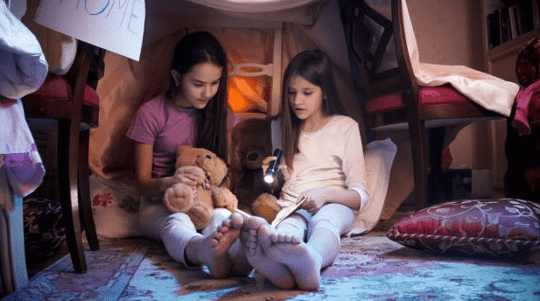 Girls reading with a flashlight