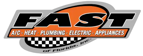 FAST logo with an orange oval, black and white checkered strip, and text: “A/C, Heat, Plumbing, Electric, Appliances.” Gray background with “of Florida, Inc.” below.