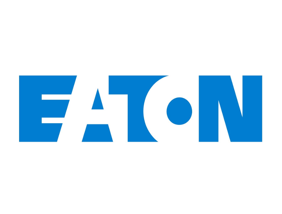 The Eaton logo in blue capital letters on a white background, with stylized geometric shapes forming the letters.