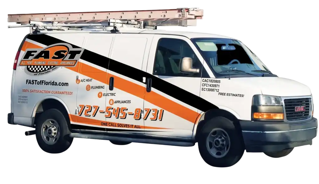 White GMC service van with FAST branding, orange and black stripes, contact number, and a ladder mounted on the roof. Text advertises plumbing, electric, and AC services.