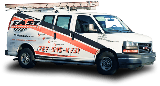 A white GMC service van with orange and black “FAST” branding, a roof ladder, and contact info for plumbing, electric, and appliance repair services.