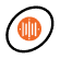 An orange circle with white vertical bars and dots inside is centered within a tilted black oval on a light background.