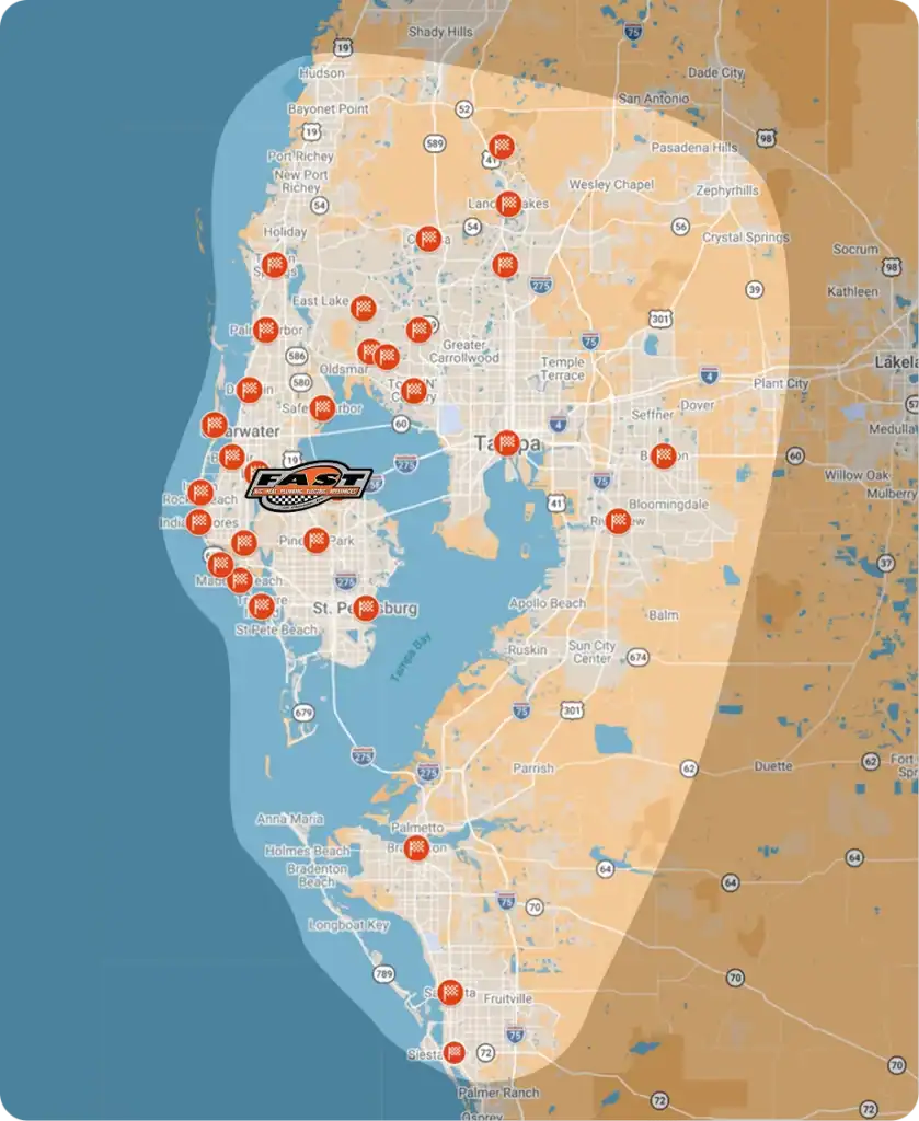 Map showing the St. Petersburg, Florida area with marked locations and a shaded region illustrating a service area. An icon of a car is placed near St. Petersburg.