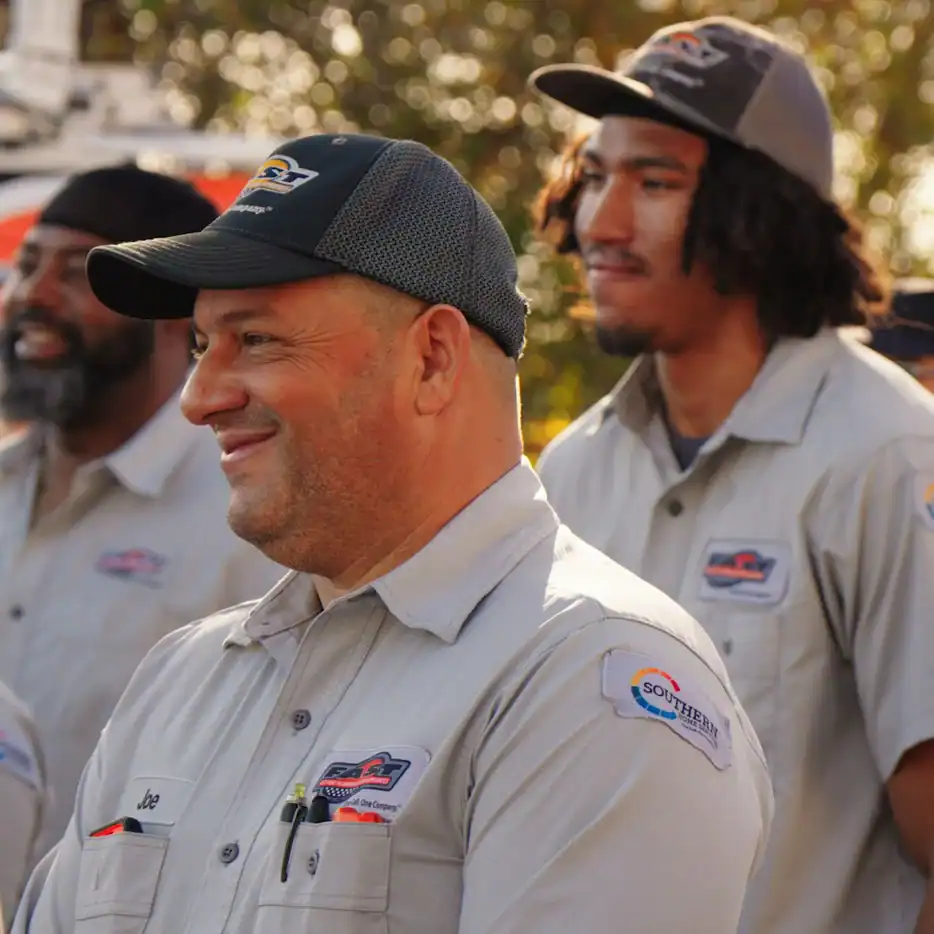 Three men in matching gray work uniforms and hats stand outdoors, smiling. The shirts display “Southern Company” patches and name tags. Trees and sunlight are visible in the background.