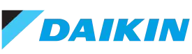 Daikin logo featuring a blue and black diagonal shape next to the word “DAIKIN” in bold blue uppercase letters on a light background.