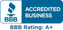 BBB Accredited Business logo with a blue torch icon and text stating “BBB Rating: A+”.